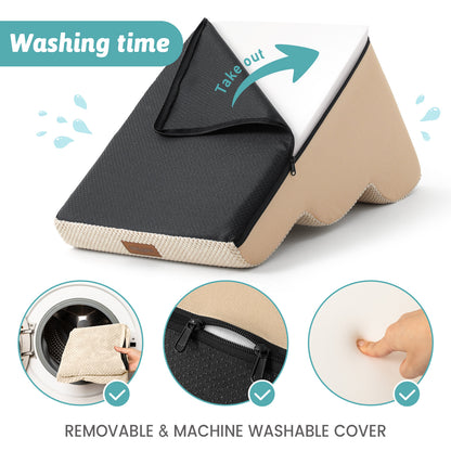 Close-up view of Cozy Kiss removable machine-washable cover with hidden zipper and supportive foam insert #color_Beige