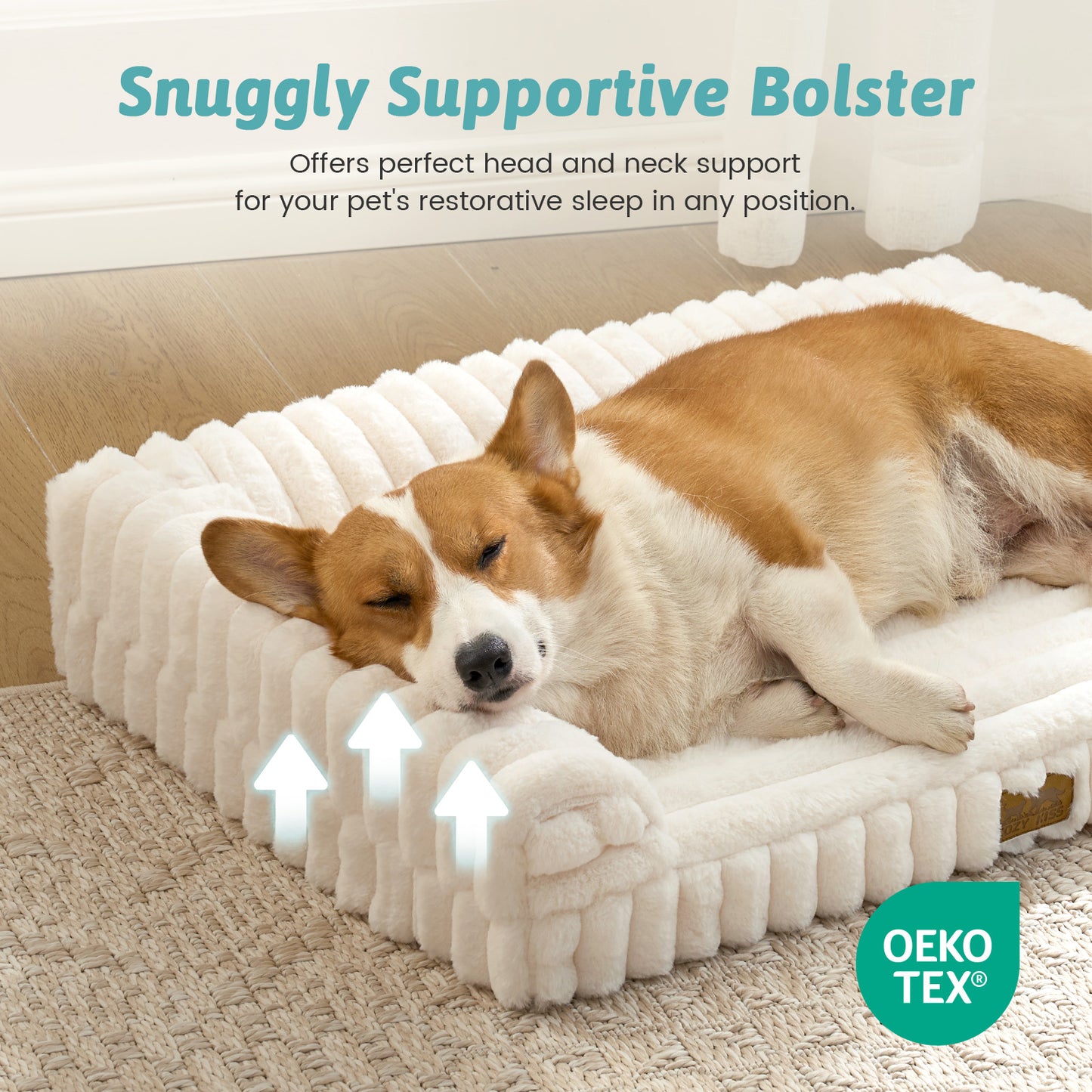 Dog resting on Cozy Kiss Striped Faux U-Shaped Washable Dog Bed, highlighting supportive U-shaped bolsters. #color_Cream
