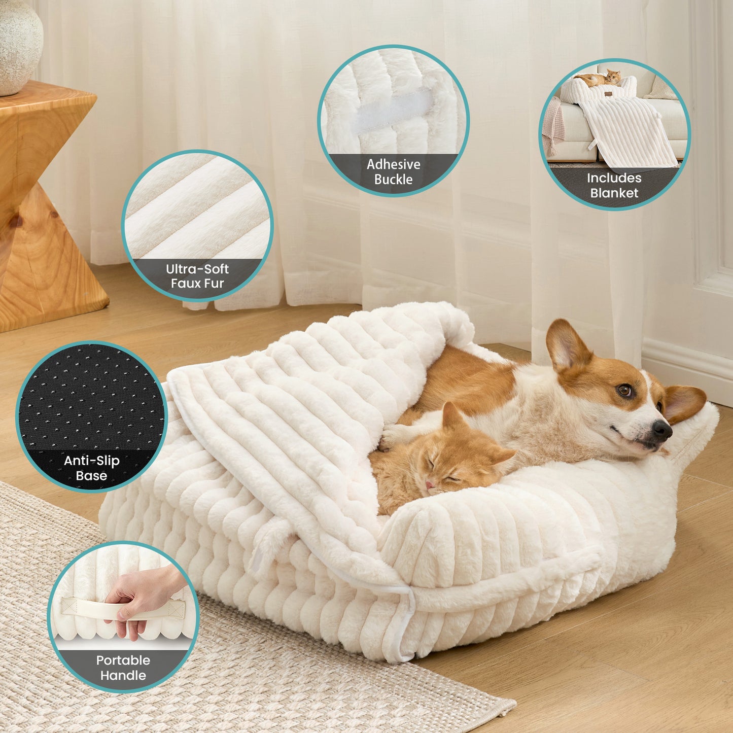 Cozy Kiss Multi-Functional Striped Faux Pet Sofa Bed premium features including blanket, anti-slip base, and carry handle #color_Beige