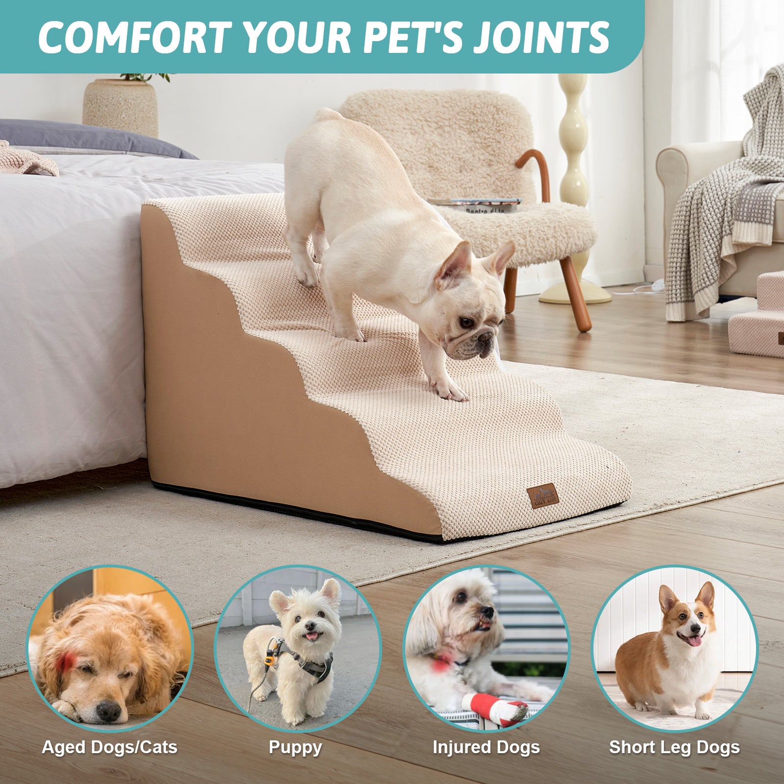 Cozy Kiss 5-Step Extra Wide Curved Pet Stairs for senior, injured, and short-legged pets #color_Beige