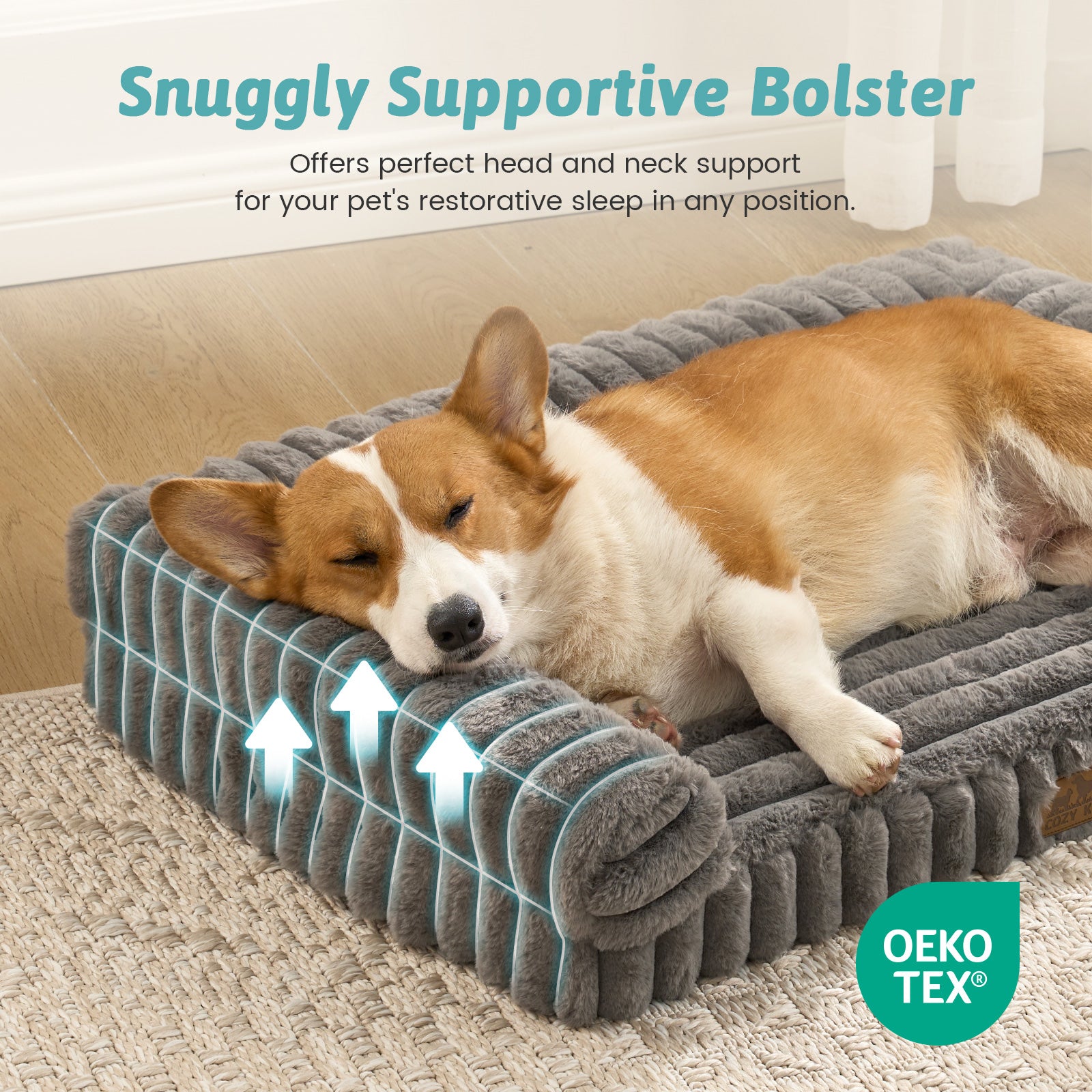 Dog resting on Cozy Kiss Striped Faux U-Shaped Washable Dog Bed, highlighting supportive U-shaped bolsters. #color_Grey