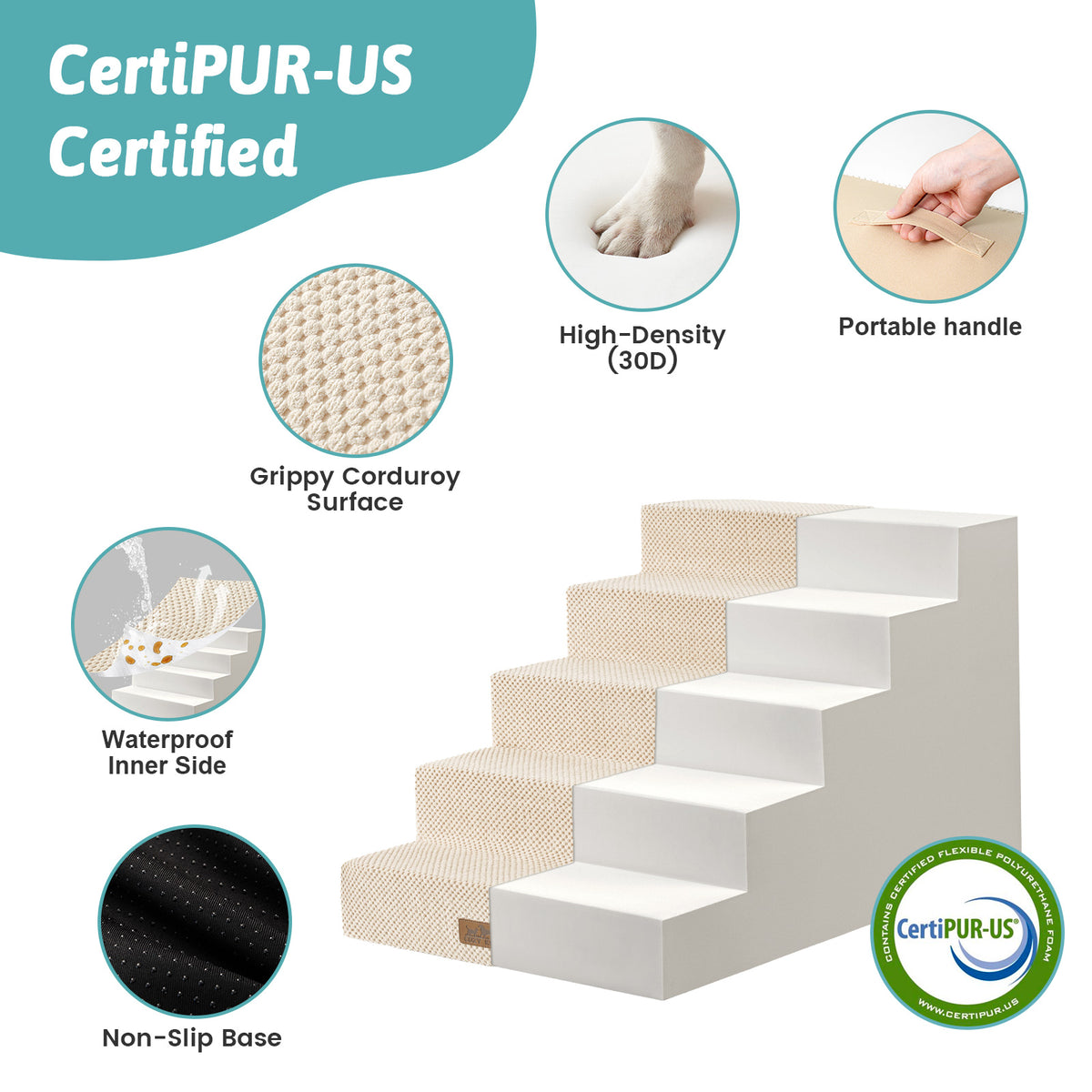 Cozy Kiss CertiPUR-US foam pet stairs with waterproof liner and non-slip base #color_Beige