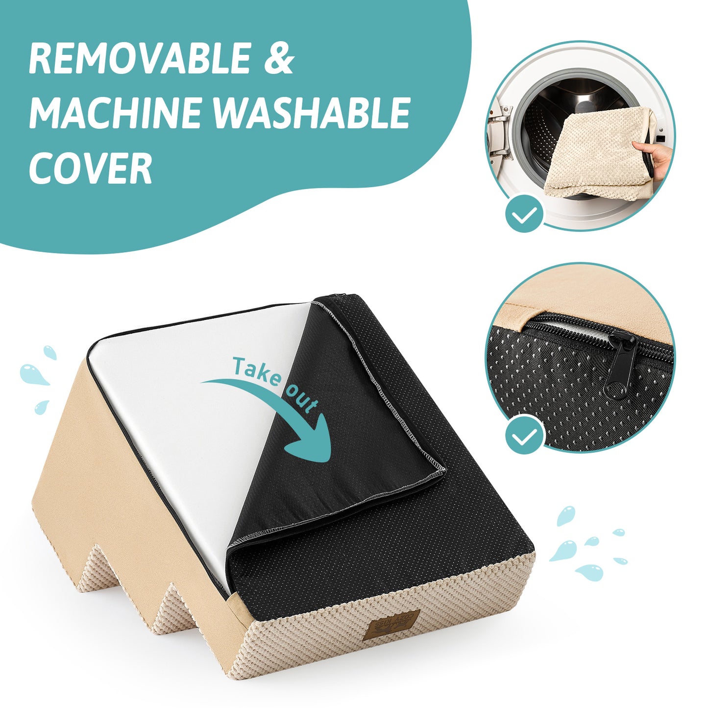 Removable machine-washable cover on Cozy Kiss Right-Angle Pet Stairs #color_Beige