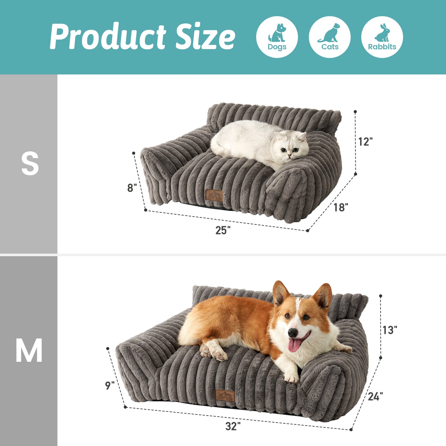Cozy Kiss Ultra Soft Plush Striped Faux Pet Sofa Bed size guide for cats puppies small and medium dogs #color_Grey