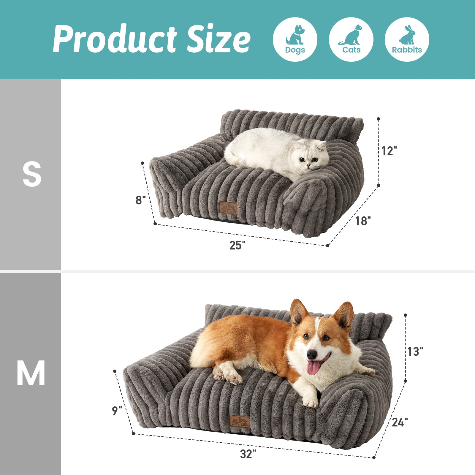 Cozy Kiss Ultra Soft Plush Striped Faux Pet Sofa Bed size guide for cats puppies small and medium dogs #color_Grey