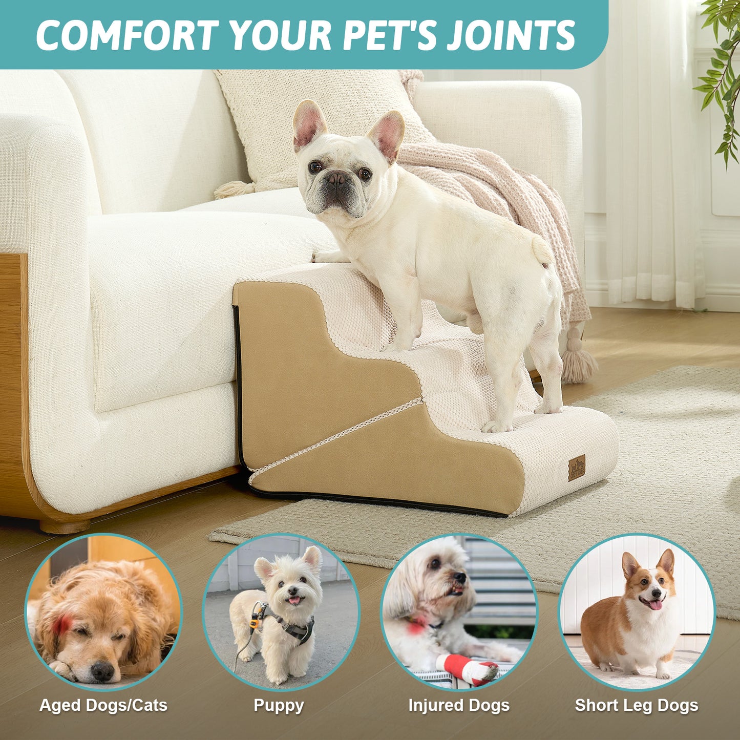 Cozy Kiss 3-Step 2-in-1 Pet Stairs with Ramp Mode for senior, injured, and short-legged pets #color_Beige