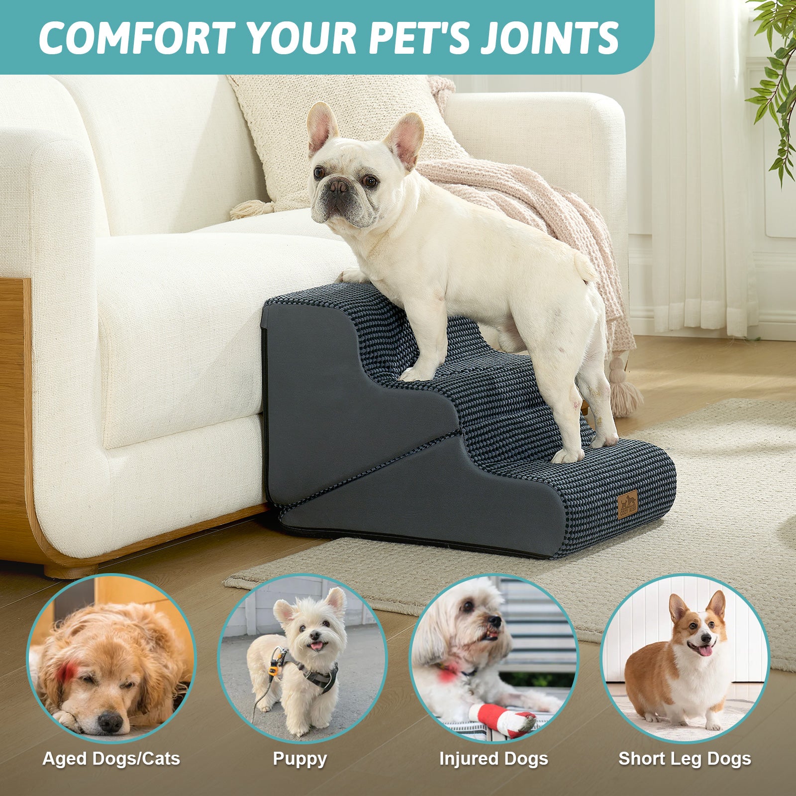 Cozy Kiss 3-Step 2-in-1 Pet Stairs with Ramp Mode for senior, injured, and short-legged pets #color_Charcoal Grey