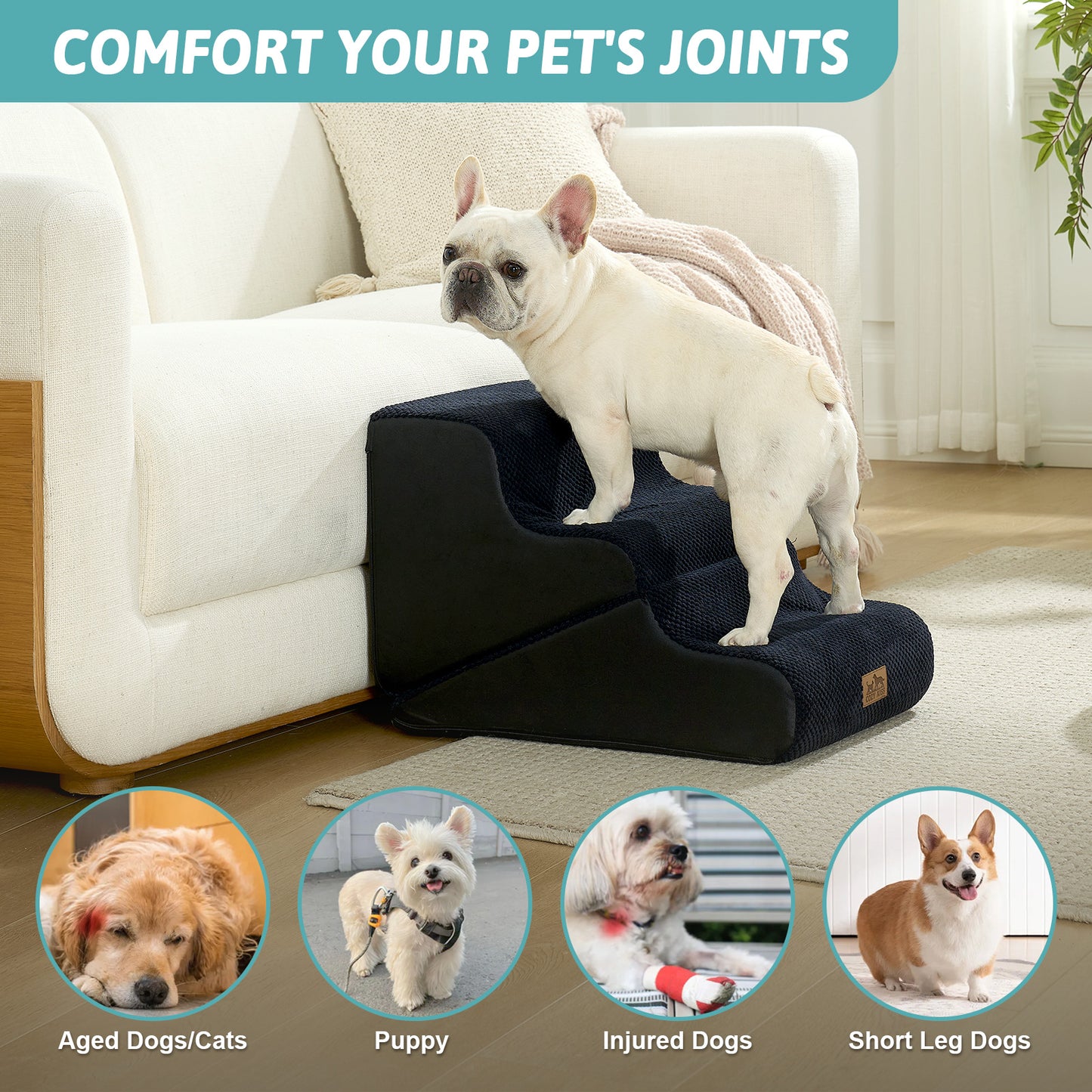 Cozy Kiss 3-Step 2-in-1 Pet Stairs with Ramp Mode for senior, injured, and short-legged pets #color_Black