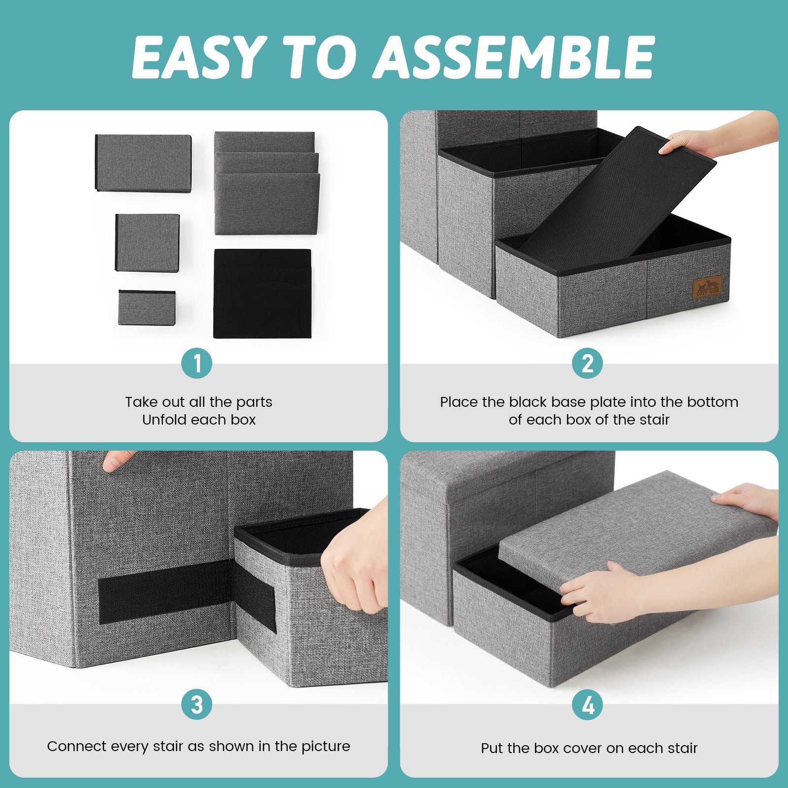Easy assembly guide for Cozy Kiss foldable storage pet stairs #color_Grey