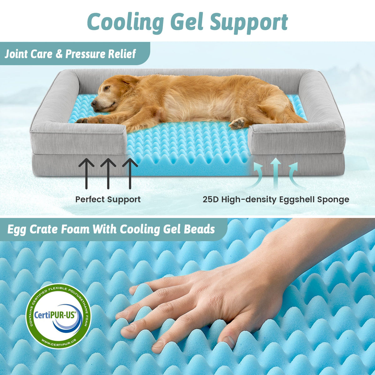 Dog lying on a cooling support bed with text highlighting features like joint care and pressure relief.