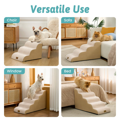 Multi-scene lifestyle collage showing Cozy Kiss Gentle Slope Curved Pet Stairs used with chairs, sofas, windows, and beds #color_Beige