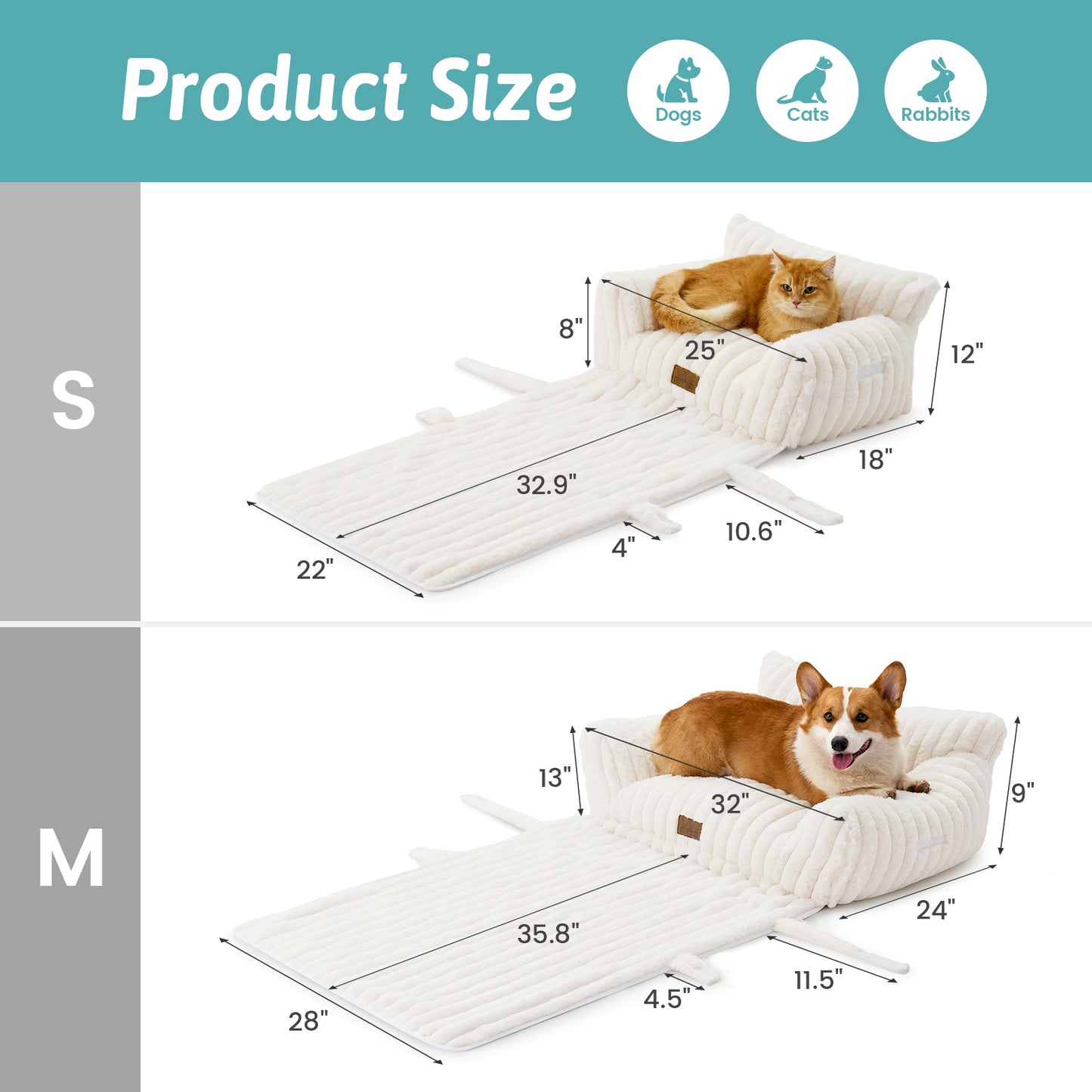 Cozy Kiss Multi-Functional Striped Faux Pet Sofa Bed size guide for cats, dogs, and rabbits #color_Beige
