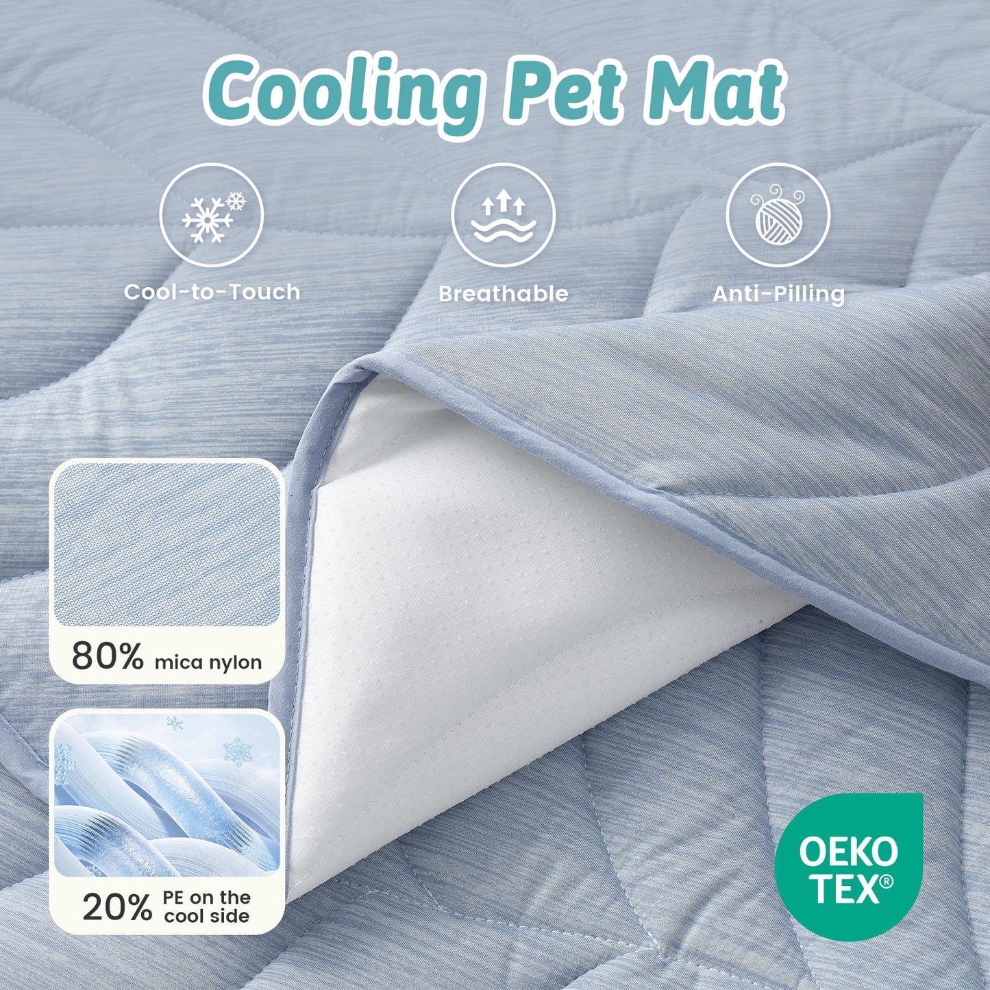 Cozy Kiss cooling pet mat with features like cool-to-touch, breathable, and anti-pilling, and Oeko-Tex certification. #color_Sky Blue