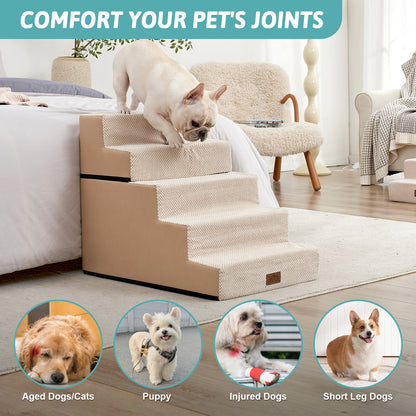 Cozy Kiss 5-Step Extra Wide Foldable Right-Angle Pet Stairs for senior and small dogs #color_Beige