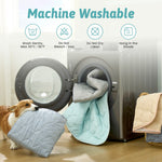Dog interacting with a machine washable product next to a washing machine with care instructions displayed.