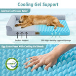 Dog lying on a cooling pet bed with text highlighting features.