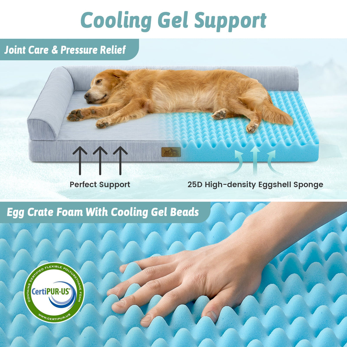 Dog lying on a cooling pet bed with text highlighting features.