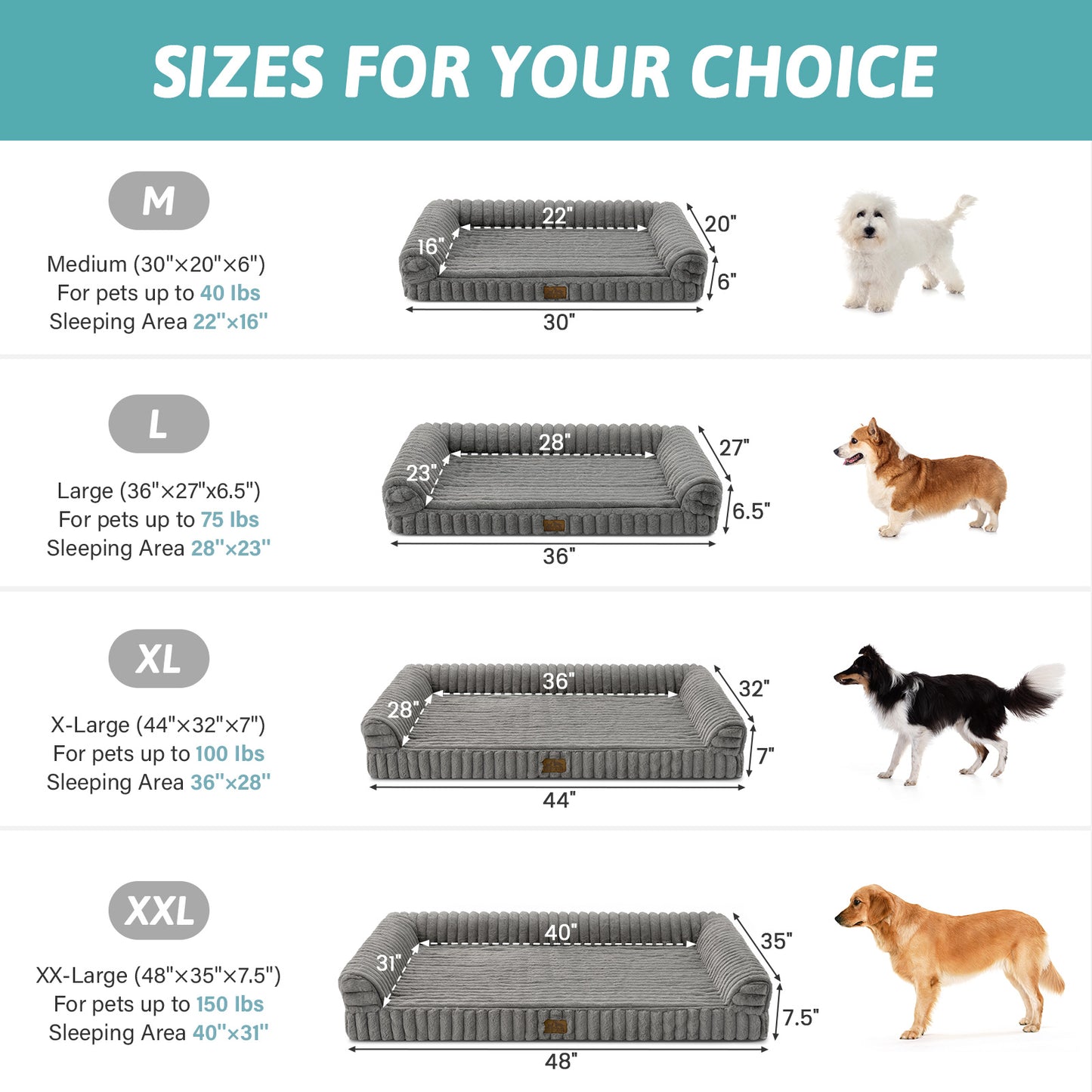 Size guide for Cozy Kiss Striped Faux U-Shaped Washable Dog Bed, showing M to XXL dimensions. #color_Grey