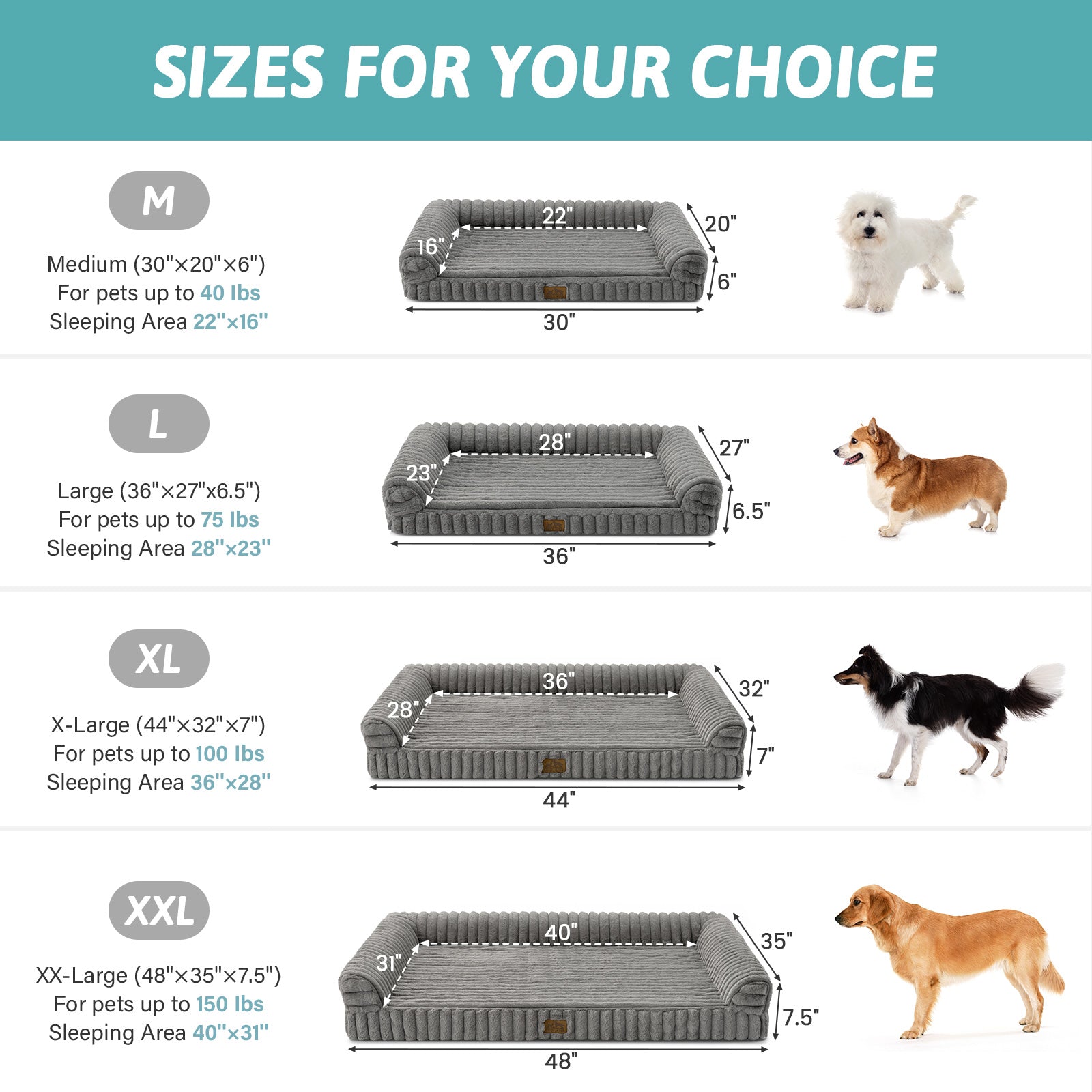 Size guide for Cozy Kiss Striped Faux U-Shaped Washable Dog Bed, showing M to XXL dimensions. #color_Grey