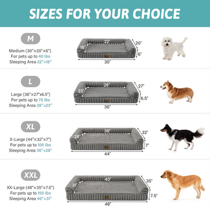 Size guide for Cozy Kiss Striped Faux U-Shaped Washable Dog Bed, showing M to XXL dimensions. #color_Grey