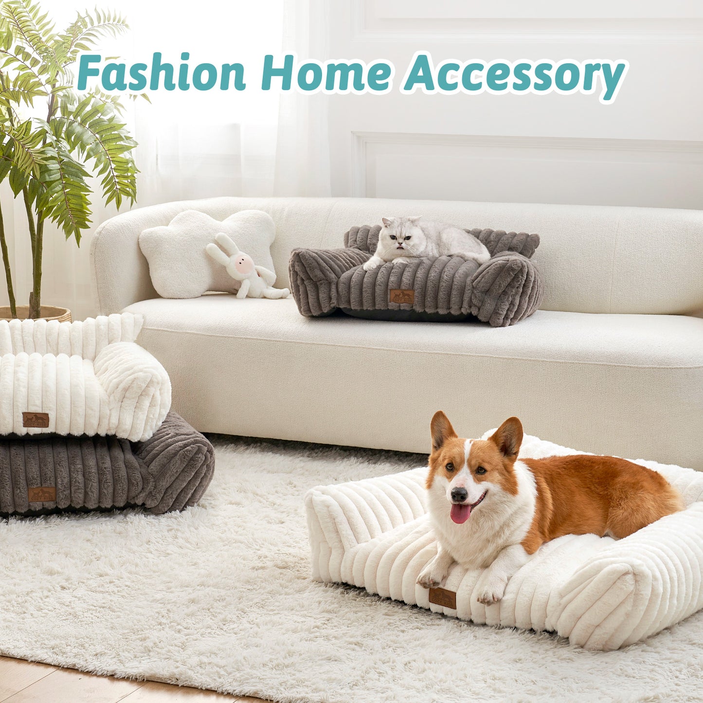 Cozy Kiss Ultra Soft Plush Striped Faux Pet Sofa Bed stylish pet furniture for modern home décor #color_Cream
