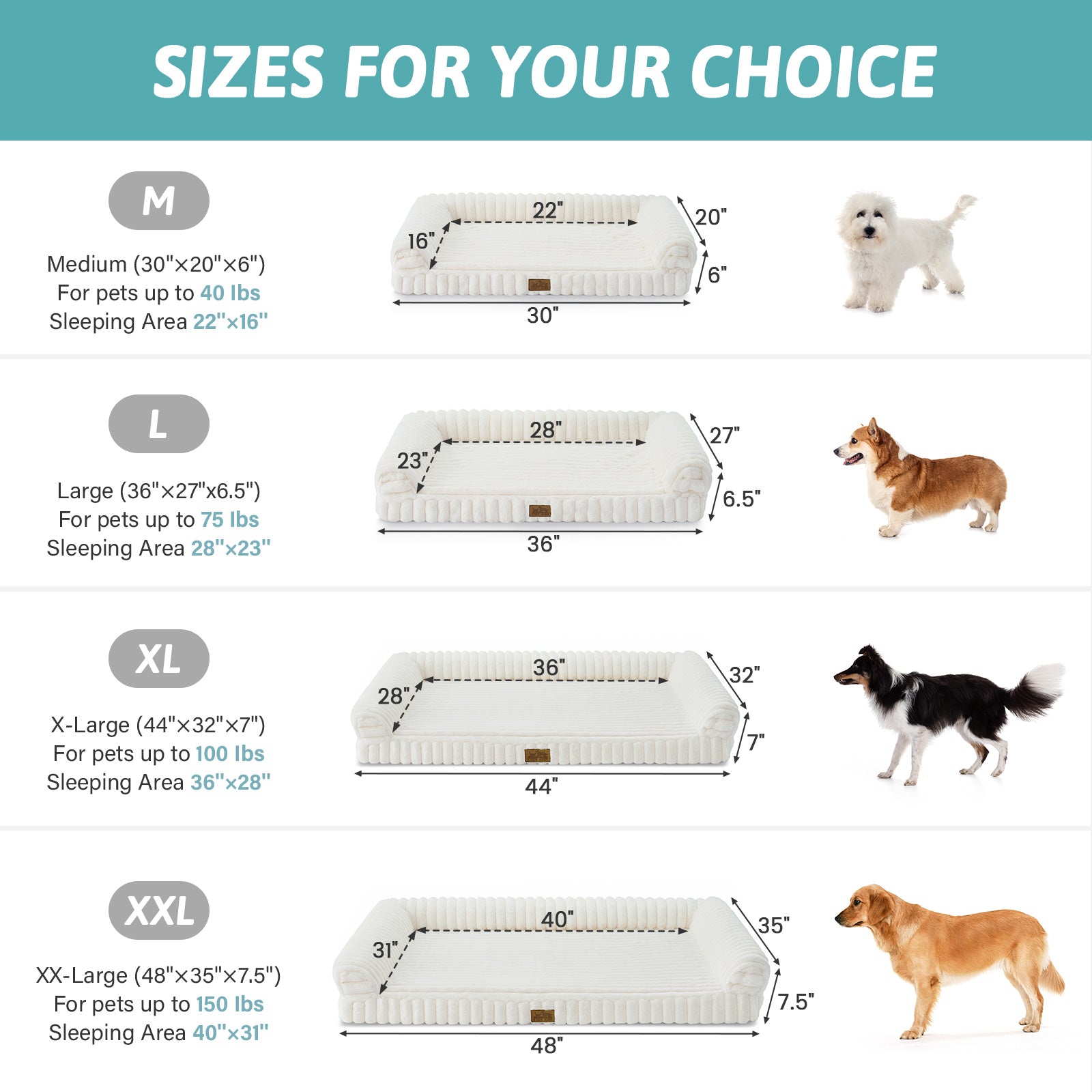 Size guide for Cozy Kiss Striped Faux U-Shaped Washable Dog Bed, showing M to XXL dimensions. #color_Cream