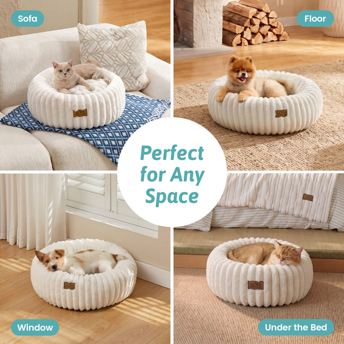 Cozy Kiss 2-in-1 Striped Faux Fur Pet Bed with Removable Mat in cream different space view#color_Cream
