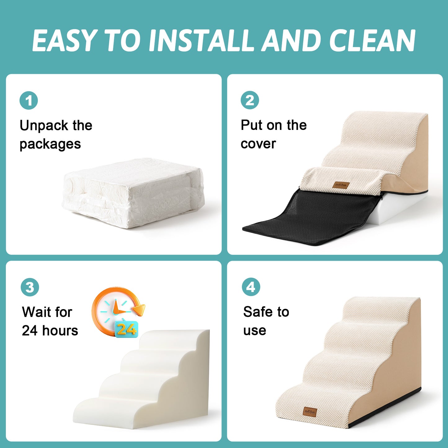 Step-by-step installation guide for Cozy Kiss Joint-Friendly Curved Pet Stairs showing foam expansion and cover assembly process #color_Beige
