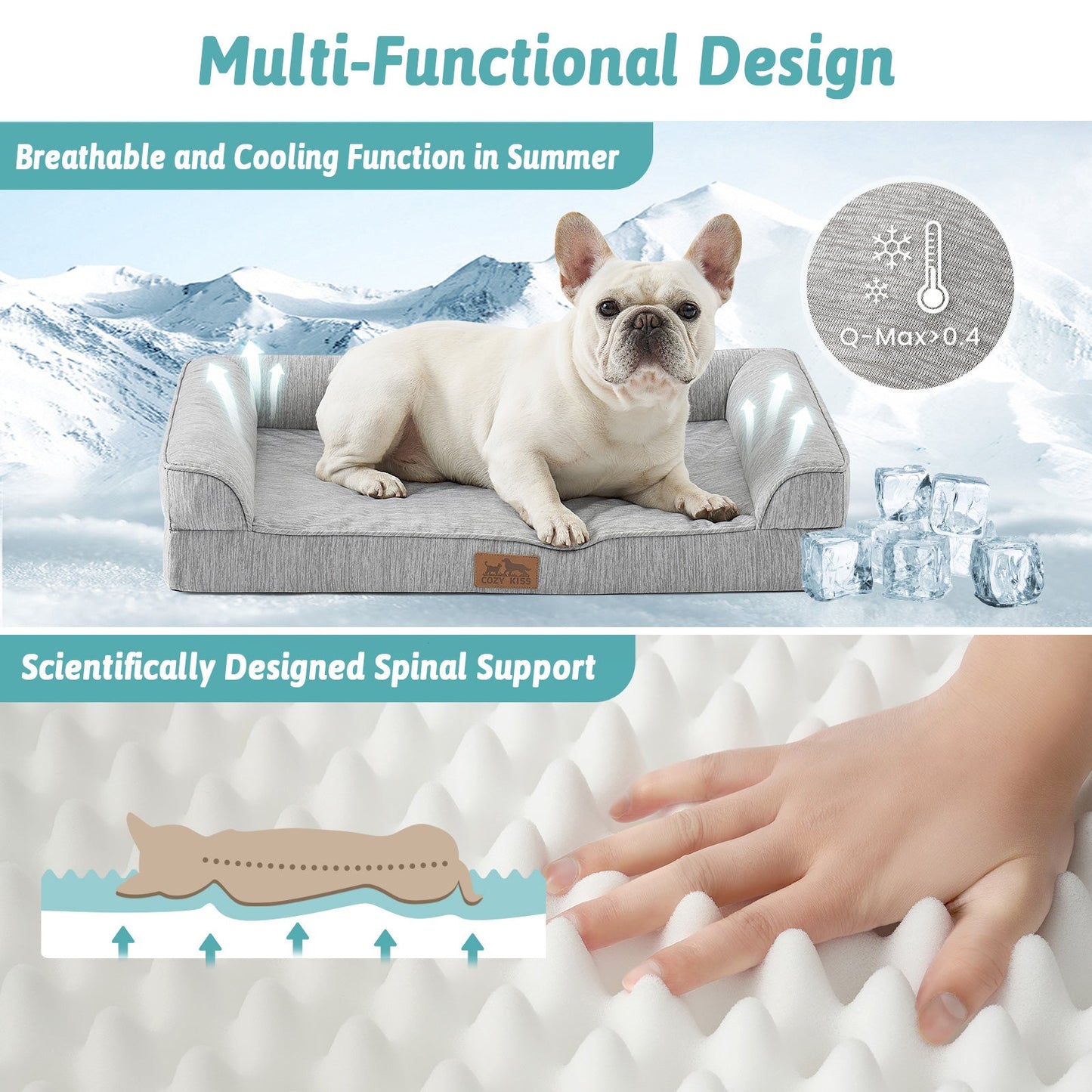 Dog lying on a grey pet bed with text highlighting its multi-functional design, breathable cooling function, and spinal support.#color_Grey