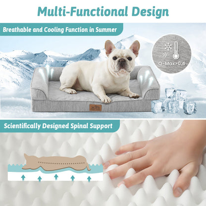 Dog lying on a grey pet bed with text highlighting its multi-functional design, breathable cooling function, and spinal support.#color_Grey