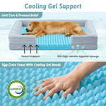 Dog lying on a cooling support bed with text highlighting features like joint care and pressure relief.