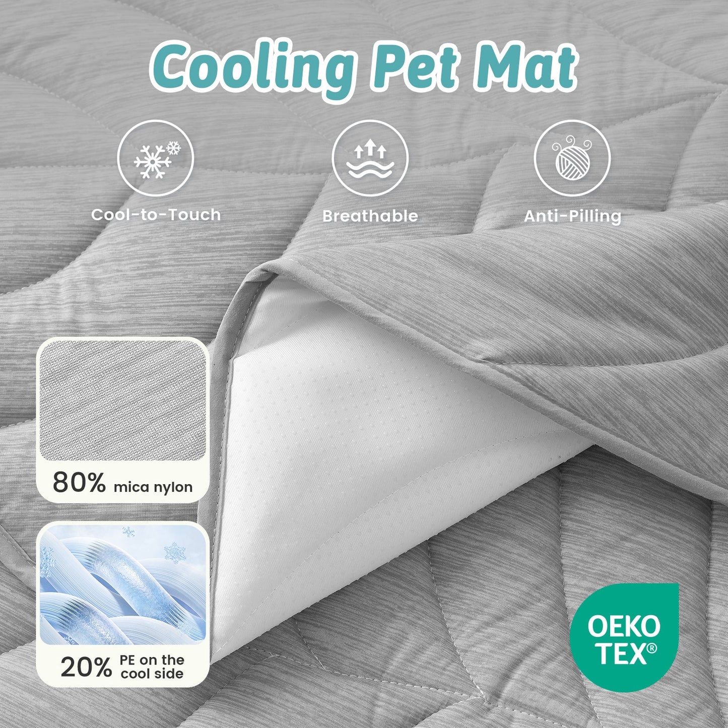 Cozy Kiss gray cooling pet mat with text and icons indicating features like cool-to-touch, breathable, and anti-pilling. #color_Grey