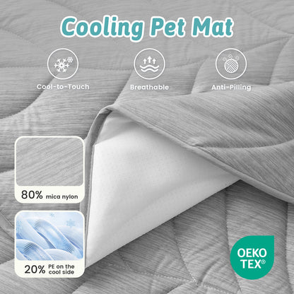 Cozy Kiss gray cooling pet mat with text and icons indicating features like cool-to-touch, breathable, and anti-pilling. #color_Grey