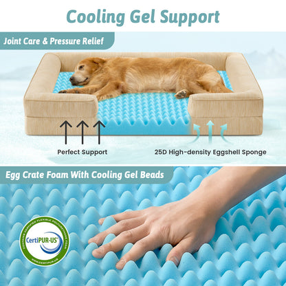 Dog lying on Cozy Kiss cooling support bed with text highlighting features like joint care and pressure relief.#color_Beige