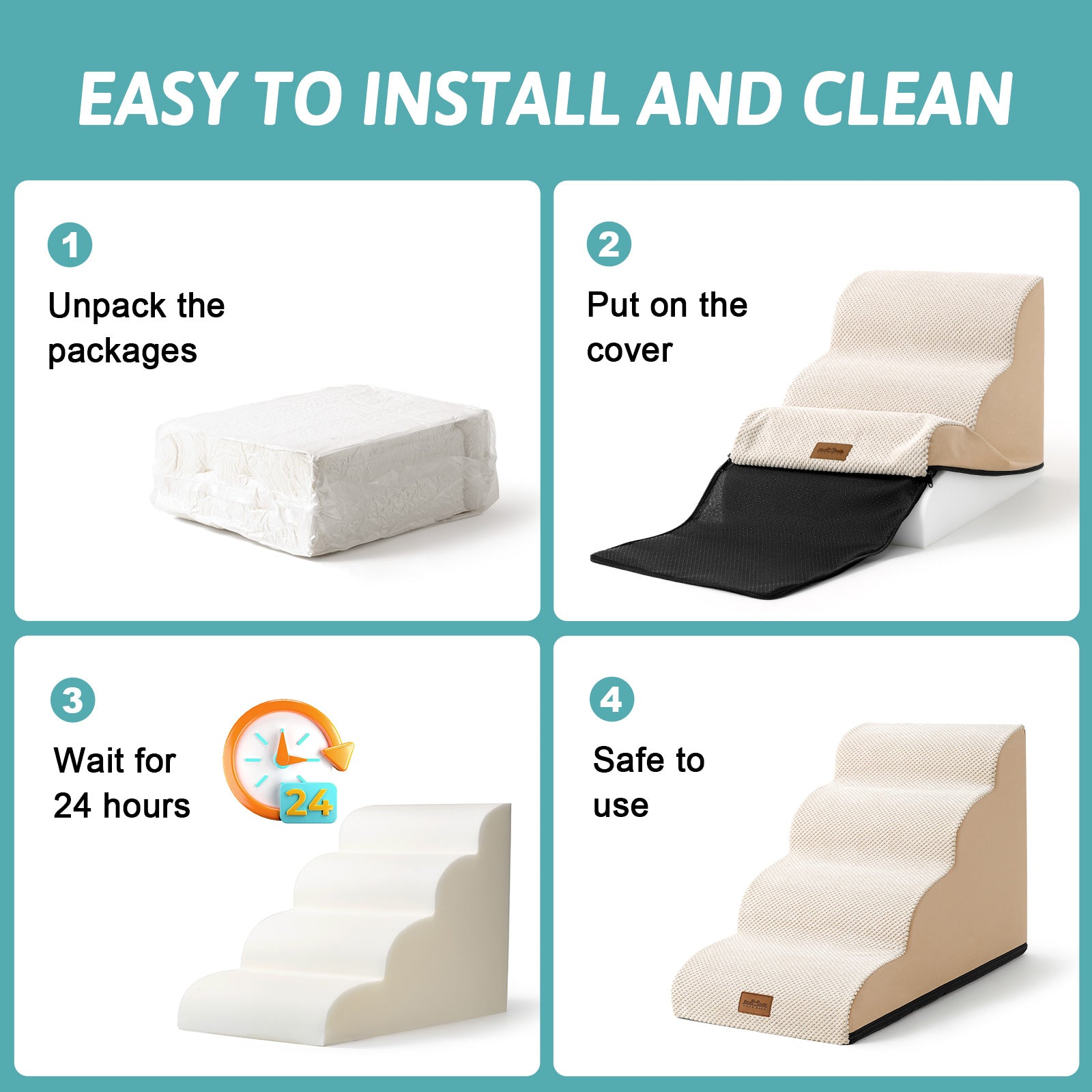 Step-by-step installation guide for Cozy Kiss Joint-Friendly Curved Pet Stairs showing foam expansion and cover assembly process #color_Beige