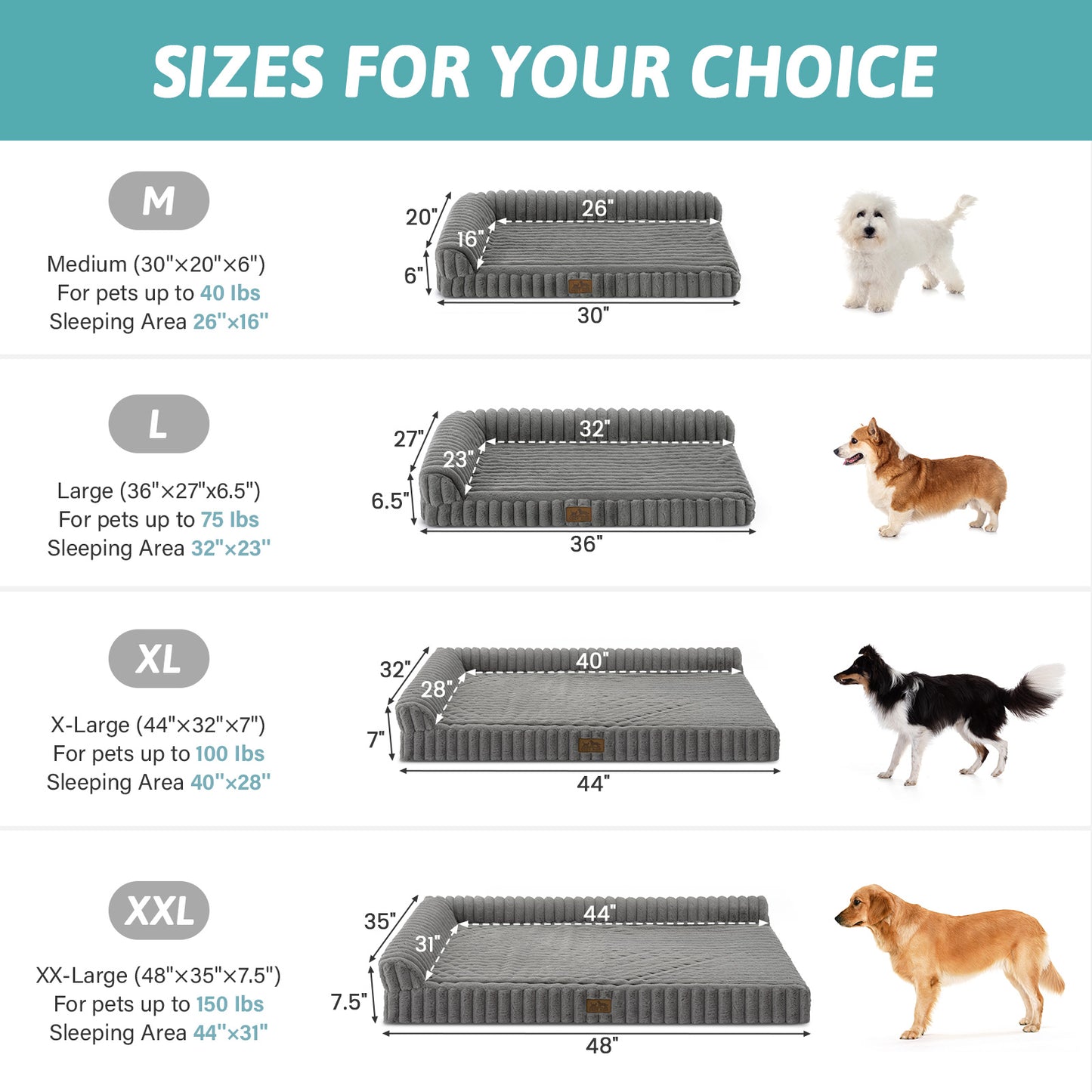 Size guide for the Cozy Kiss Striped Faux L-Shaped Washable Dog Bed, comparing M, L, XL and XXL sizes. 