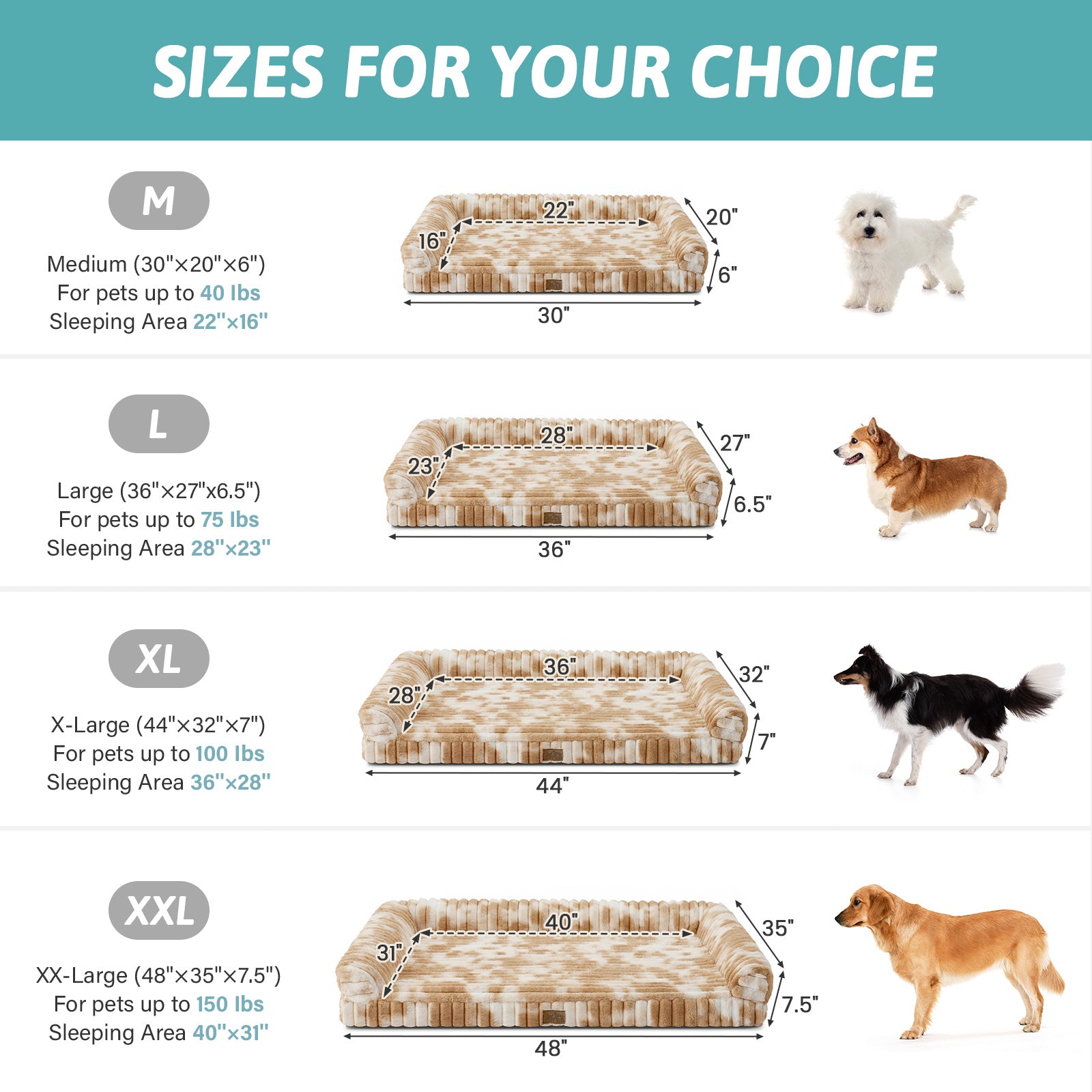 Size guide for Cozy Kiss Striped Faux U-Shaped Washable Dog Bed, showing M to XXL dimensions. #color_Tie-dye Brown
