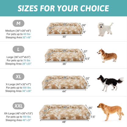Size guide for Cozy Kiss Striped Faux U-Shaped Washable Dog Bed, showing M to XXL dimensions. #color_Tie-dye Brown