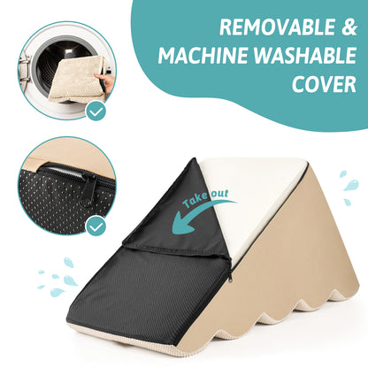 Close-up demonstration of Cozy Kiss removable machine-washable cover with zipper design and supportive foam insert #color_Beige