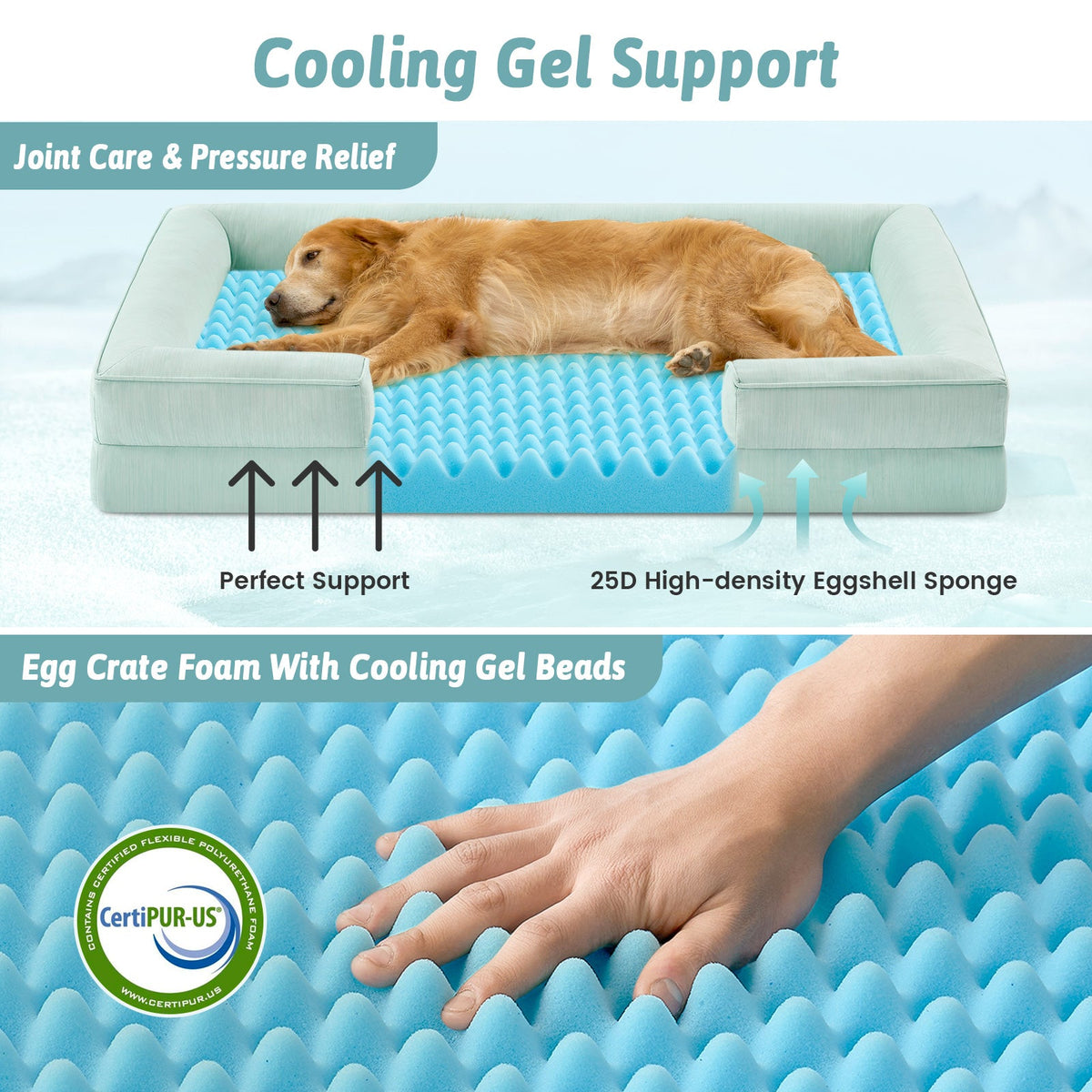 Dog lying on a cooling support bed with text highlighting features.