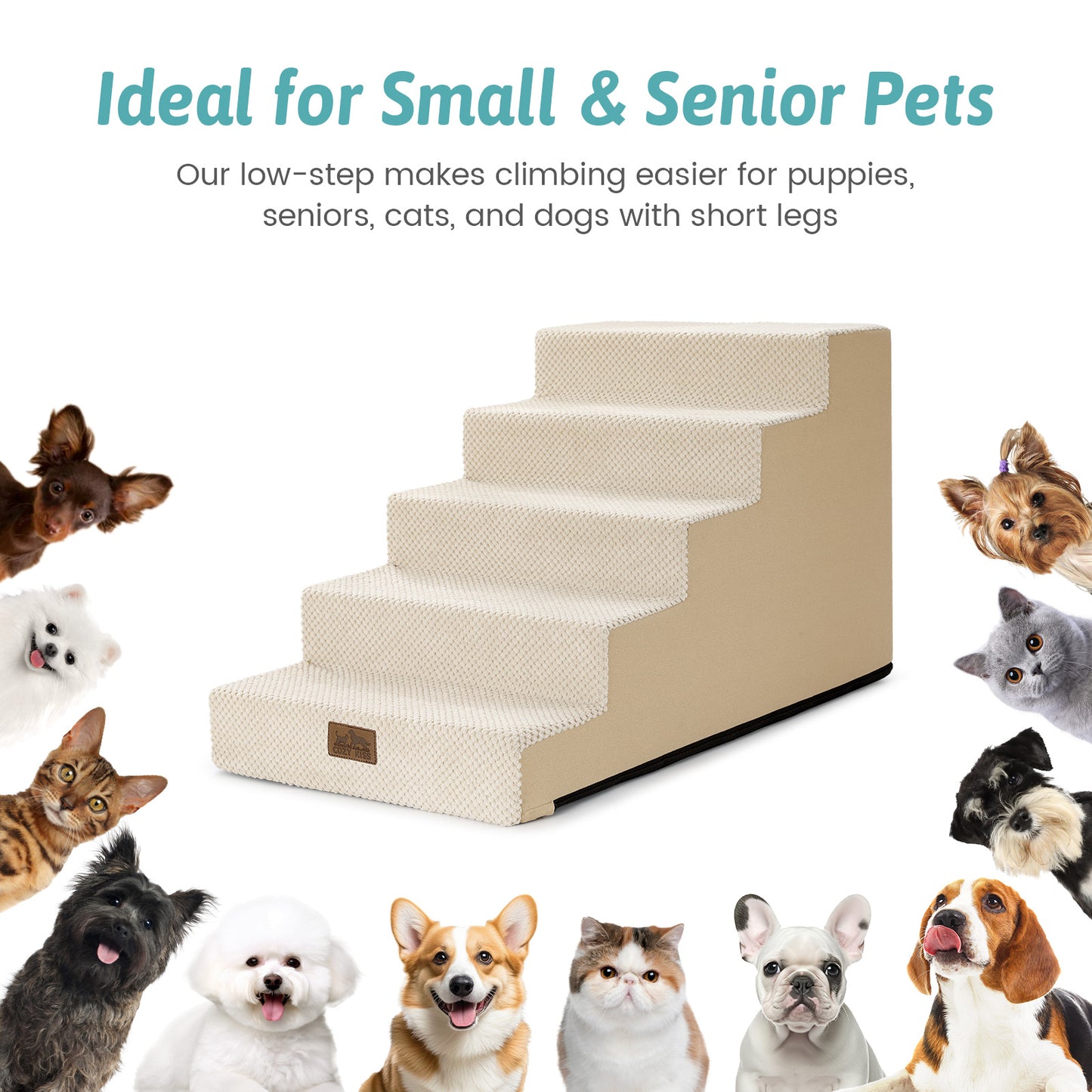 Cozy Kiss Pet stairs with text about being ideal for small and senior pets, surrounded by various pets on a white background. #color_Beige