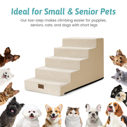 Cozy Kiss Pet stairs with text about being ideal for small and senior pets, surrounded by various pets on a white background. #color_Beige