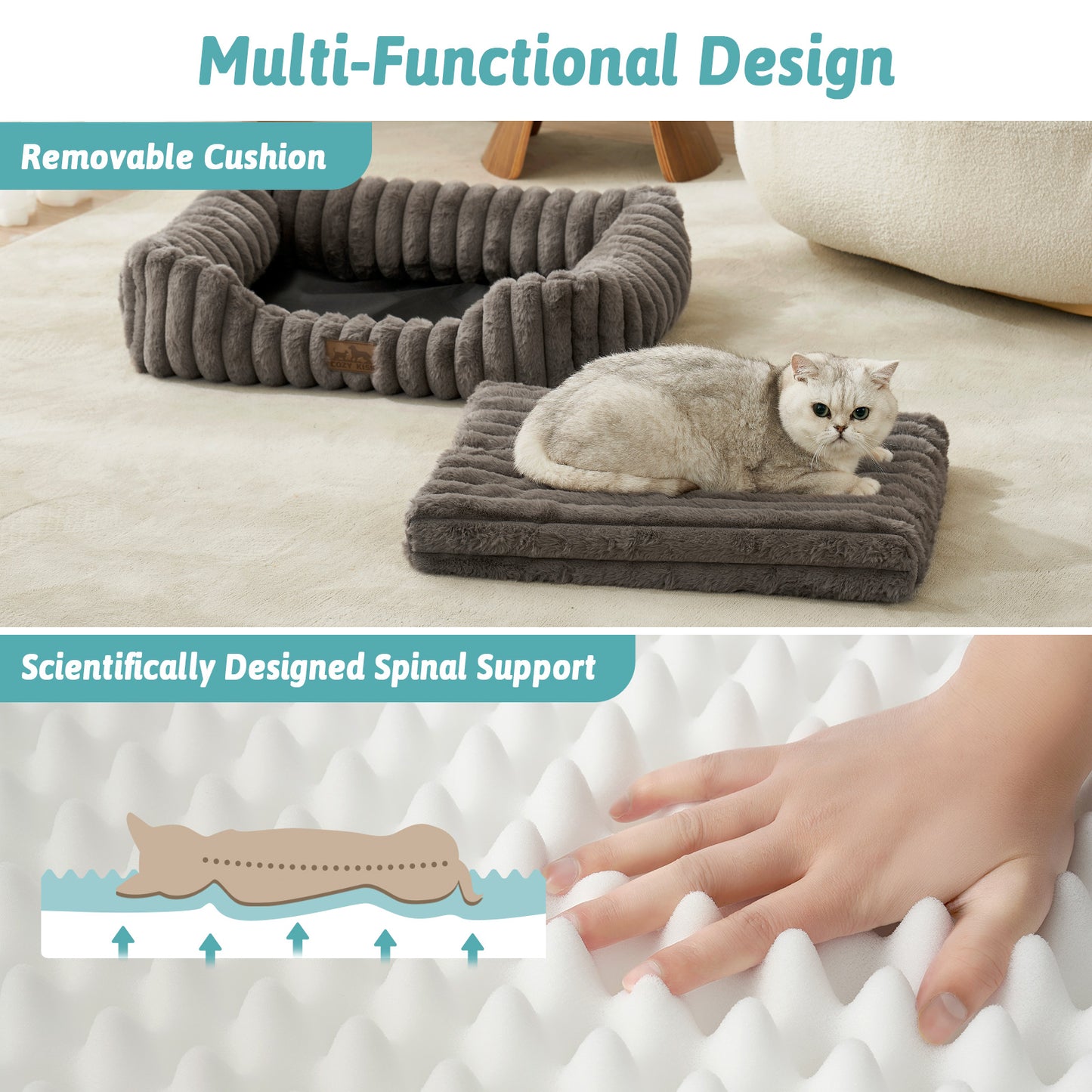Cozy Kiss Striped Faux C-Shaped Washable Dog Bed removable orthopedic cushion pet bed with egg crate foam #color_Cream