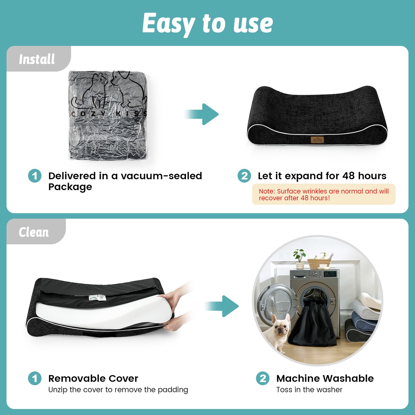 Cozy Kiss All Seasons Boat-Shaped Scratch-Resistant Dog Bed machine washable removable cover with easy maintenance #color_Black