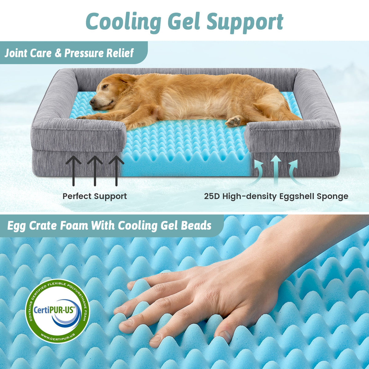 Dog lying on a cooling upport bed with text highlighting features like joint care, pressure relief, and CertiPUR-US certification.