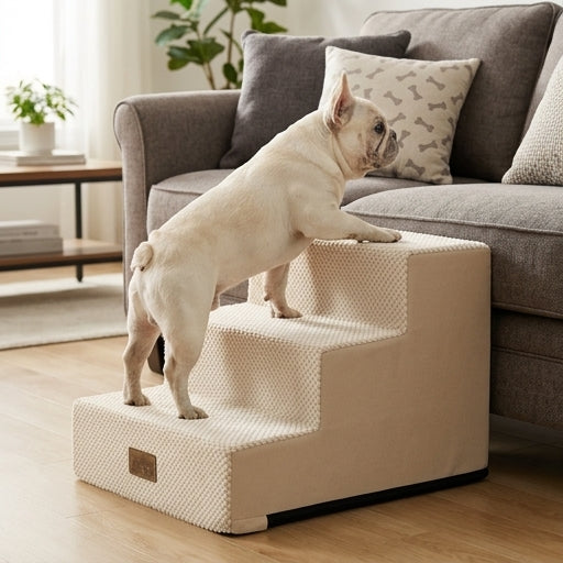 Cozy Kiss 3-Step Non-Slip Right-Angle Pet Stairs helping pets reach sofas safely #color_Beige