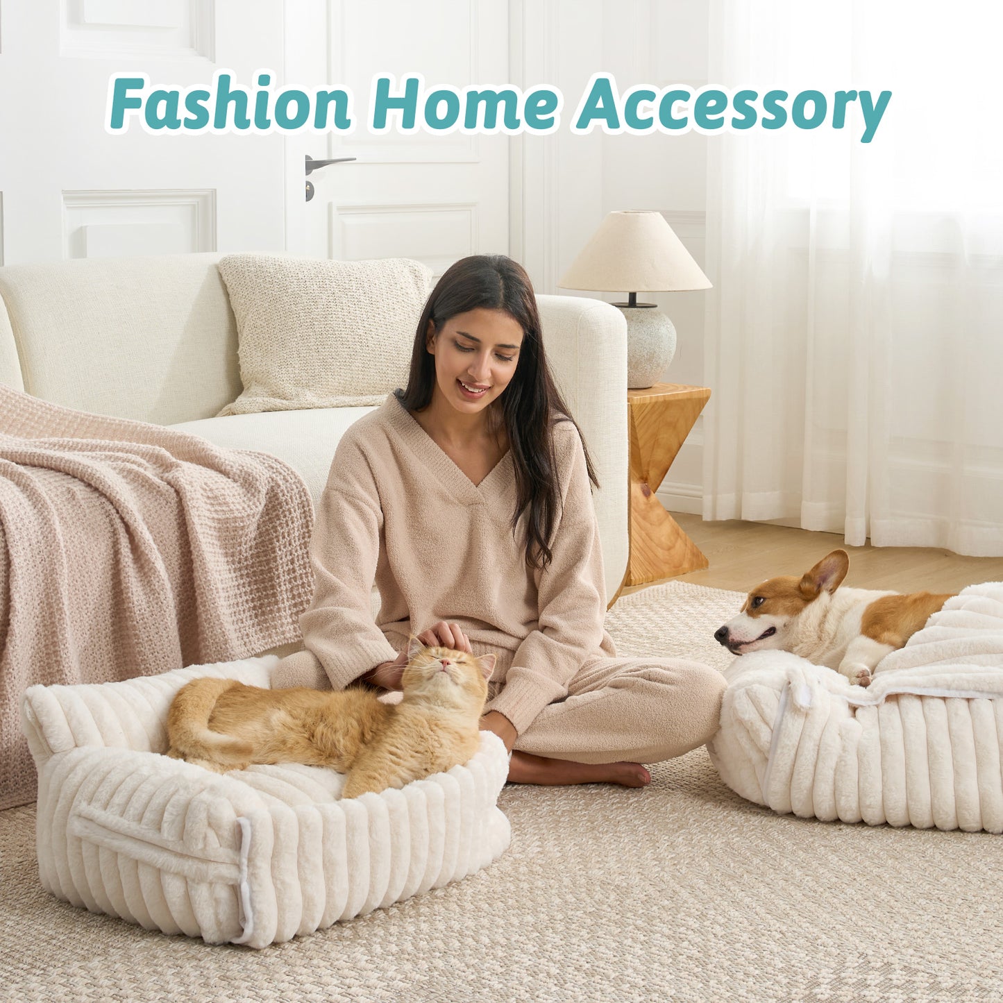 Cozy Kiss Multi-Functional Striped Faux Pet Sofa Bed stylish home furniture-inspired pet resting space #color_Beige