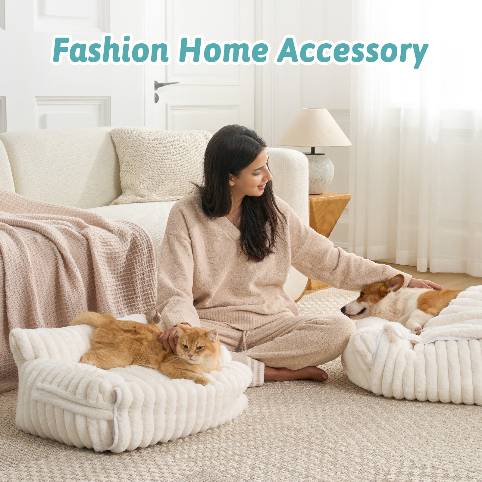Cozy Kiss Multi-Functional Striped Faux Pet Sofa Bed modern home decor pet furniture for cats and dogs #color_Beige