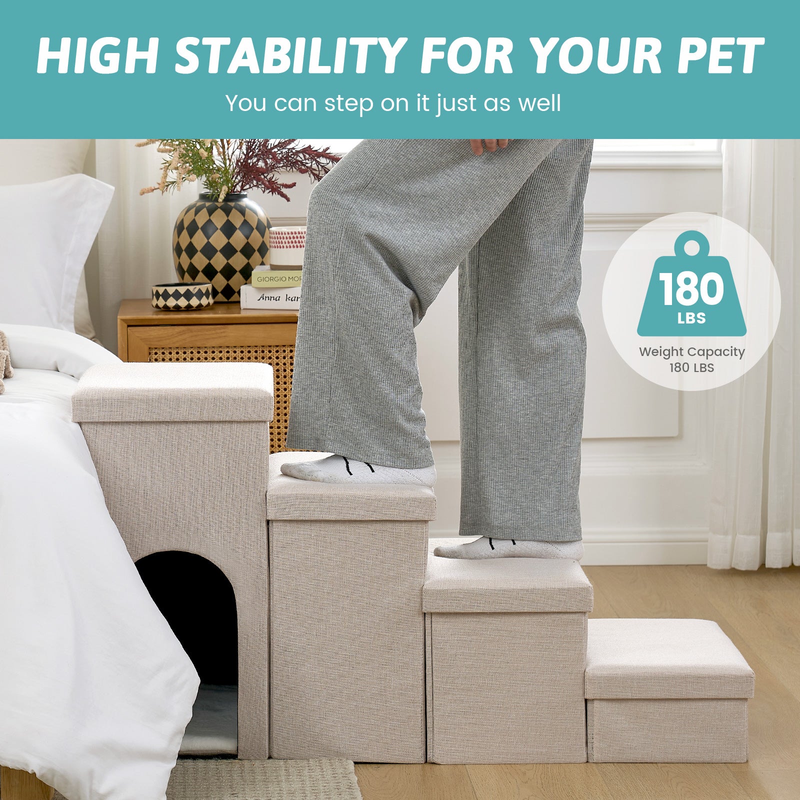 Cozy Kiss 4-Step Storage Pet Stairs with Play Condo supports up to 180 lbs #color_Cream
