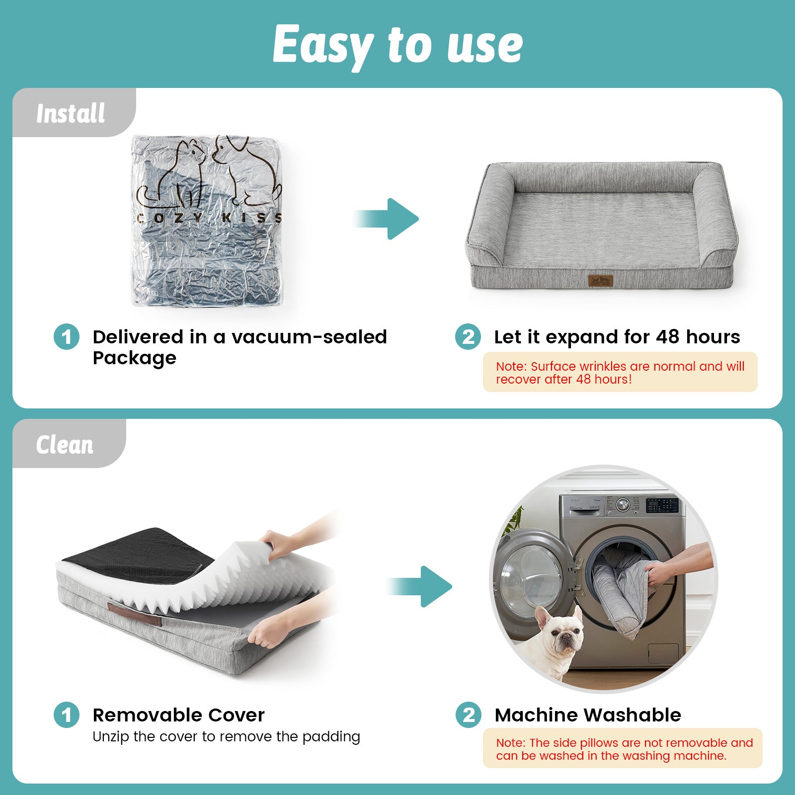 Instructions for using and cleaning Cozy Kiss pet bed#color_Grey